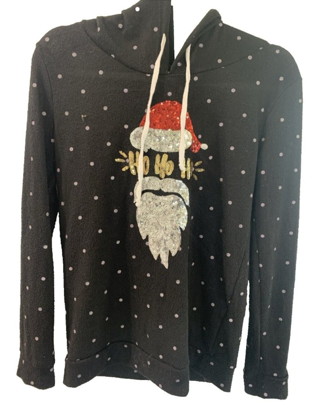 Merry Christmas by Poof New York Black Hoodie with Santa Ho Ho Ho Sz S Sequins